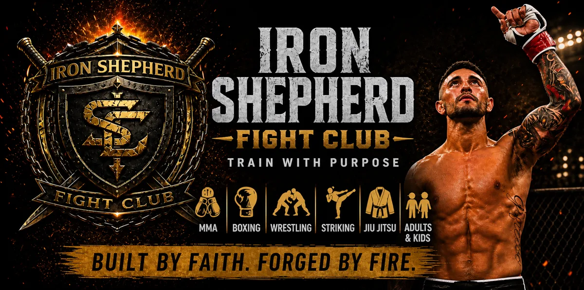 Iron Shepherd Fight Club banner featuring Santo Curatolo, program icons, and the Built by Faith. Forged by Fire. tagline